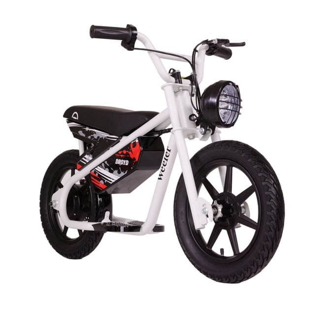Droyd Weeler Vélo d'Équilibre - Vélo Électrique Blanc pour Enfants avec Cadre en Acier Blanc, Siège Noir, Pneus Pneumatiques de 14 Pouces, Phare avant à DEL avec Grille de Protection, Commande de Rotation de l'Accélérateur, Frein à Disque Arrière et Bloc-Piles au lithium-ion avec Graphiques Rouges et Blancs. Conçu pour 6 Ans et Plus avec Contrôle de Vitesse parental et Caractéristiques de Sécurité à Lancement Fluide.