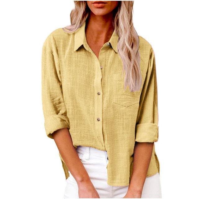 Womens Cotton Button Down Shirt Casual Long Sleeve Loose Fit Collared Linen Work Blouse Tops with Pocket