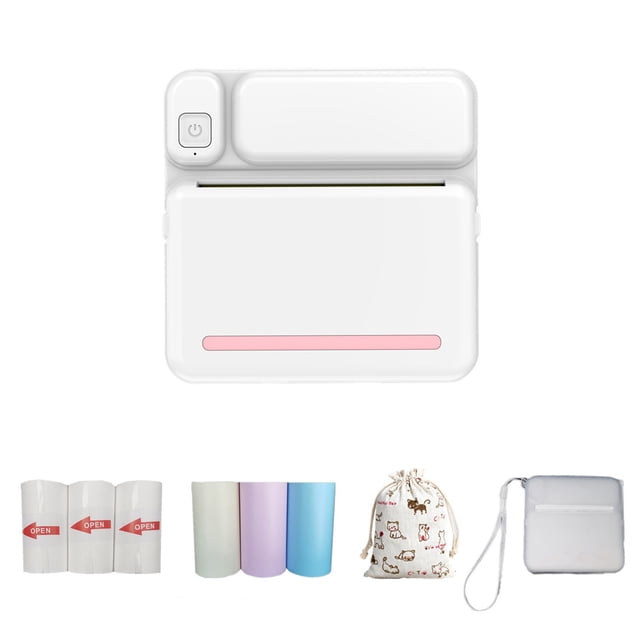 Mini Photo Printer Thermal Portable Bluetooth Printer with a compact white design featuring a pink accent strip. Includes three rolls of colored paper, three rolls of self-adhesive tape, a cloth bag with a dog print, and a protective cover. Ideal for portable photo printing, labels, and notes using inkless thermal printing technology. Compatible with Android and iOS devices via Bluetooth.