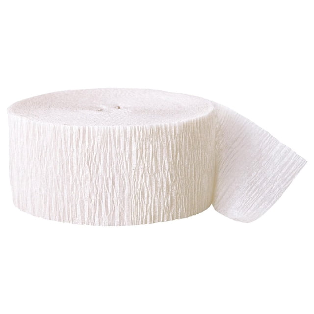 White Crepe Streamer, 81 ft, shown as a textured crepe paper roll partially unrolled on a white background, ideal for party decorations, ceiling drapes, and crafting paper flowers.