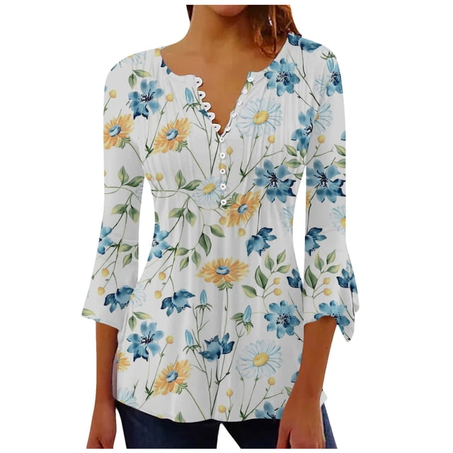 IROINID Chemises Grande Taille Réduites pour Femmes Col Rond Manches Longues Quotidiennes Trompette Unie Boutonnée Basique Corset Froncé Tunique Hauts Plissés T-shirts Blouses, Bleu
