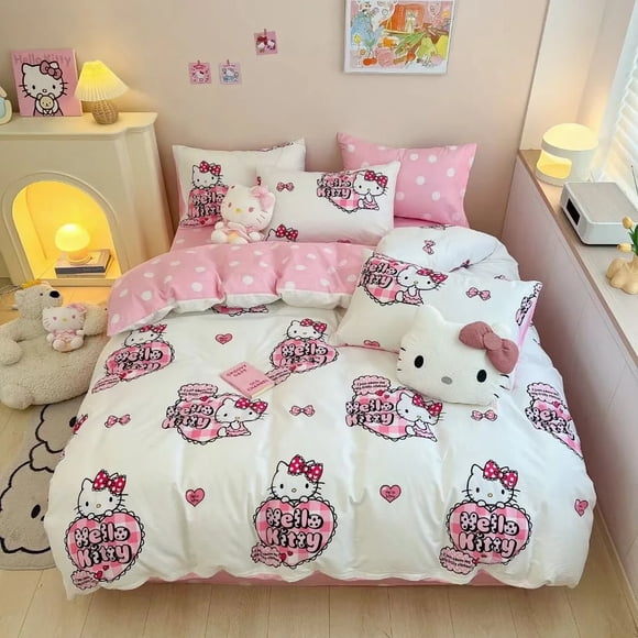 Sanrio Hello Kitty Ensemble de Literie Mignon en Coton Quatre Pièces Double Grand Taille Taie d'Oreiller Linge de Lit Fille Dortoir Linge de Lit Textile de Maison RJ