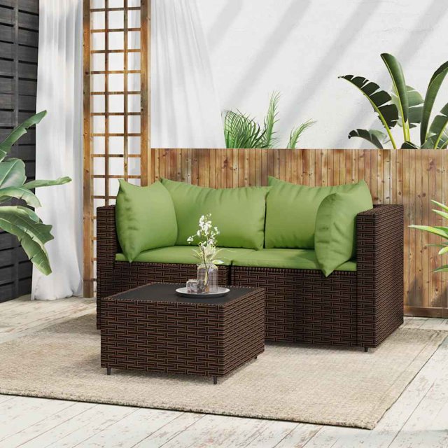 vidaXL 3 Piece Garden Lounge Set with Cushions Brown Poly Rattan