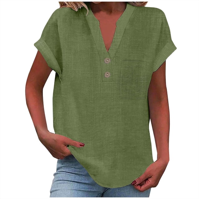 T-Shirts Femmes Plus Mode Décontractée Col en V Boutonné Manches Courtes avec Poches - Hontri