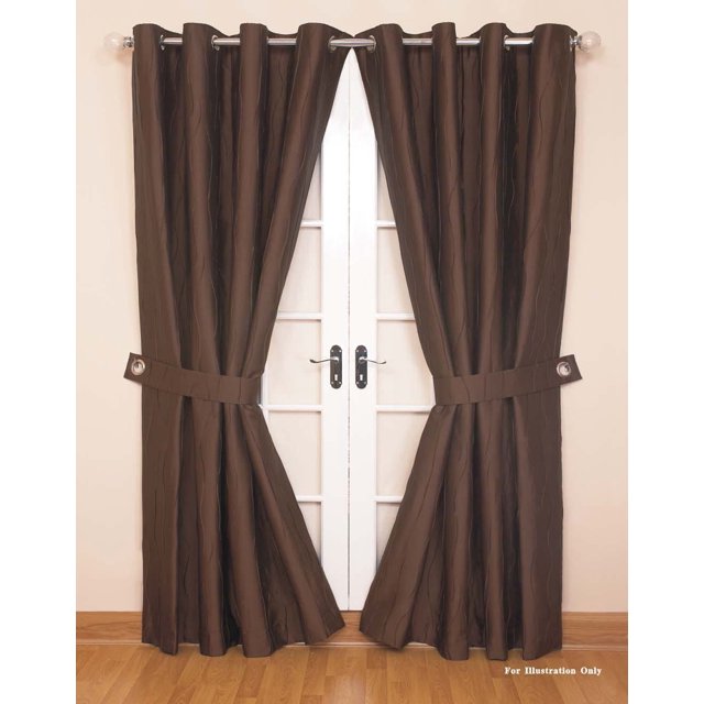 Brown room darkening curtains with subtle vertical texture and tiebacks, hanging on a silver metal rod with grommets over white French doors in a beige room with hardwood floors, suitable for enhancing privacy and light control.