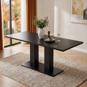 71" Modern Dining Table For 6-8, White Marble Effect Rectangular Kitchen Table With Dual Pedestal Base,  Thick Tabletop Kitchen Table For Apartment & Home,,Black