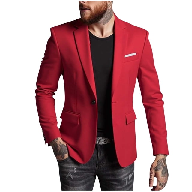 Men's Solid Color Blazer Long Sleeved Lapel Pocket Lightweight Suits Business Casual Buttons Suit Jackets Red S