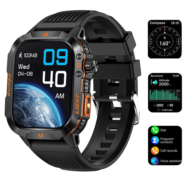 Smart Watch Compass LED Flashlight Bluetooth Call(Answer/Make Calls) IP68 600mAh Fitness Trakcer Outdoor Fitness Watch for Android Ios Men Smartwatch