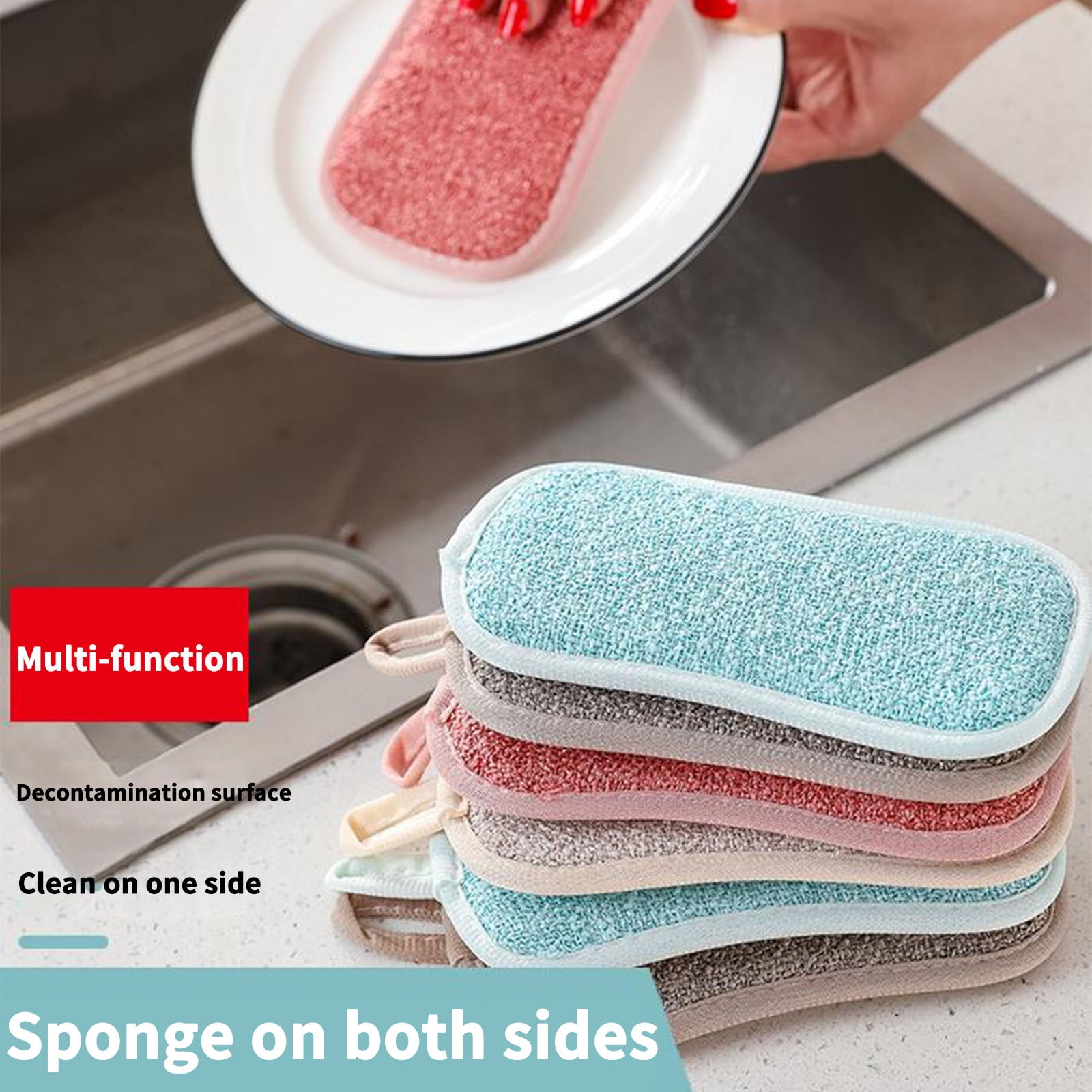 Dvkptbk 4PCS Reusable Dish Washable Sponge Microfiber Scouring Sponge with 2Sticky Hooks
