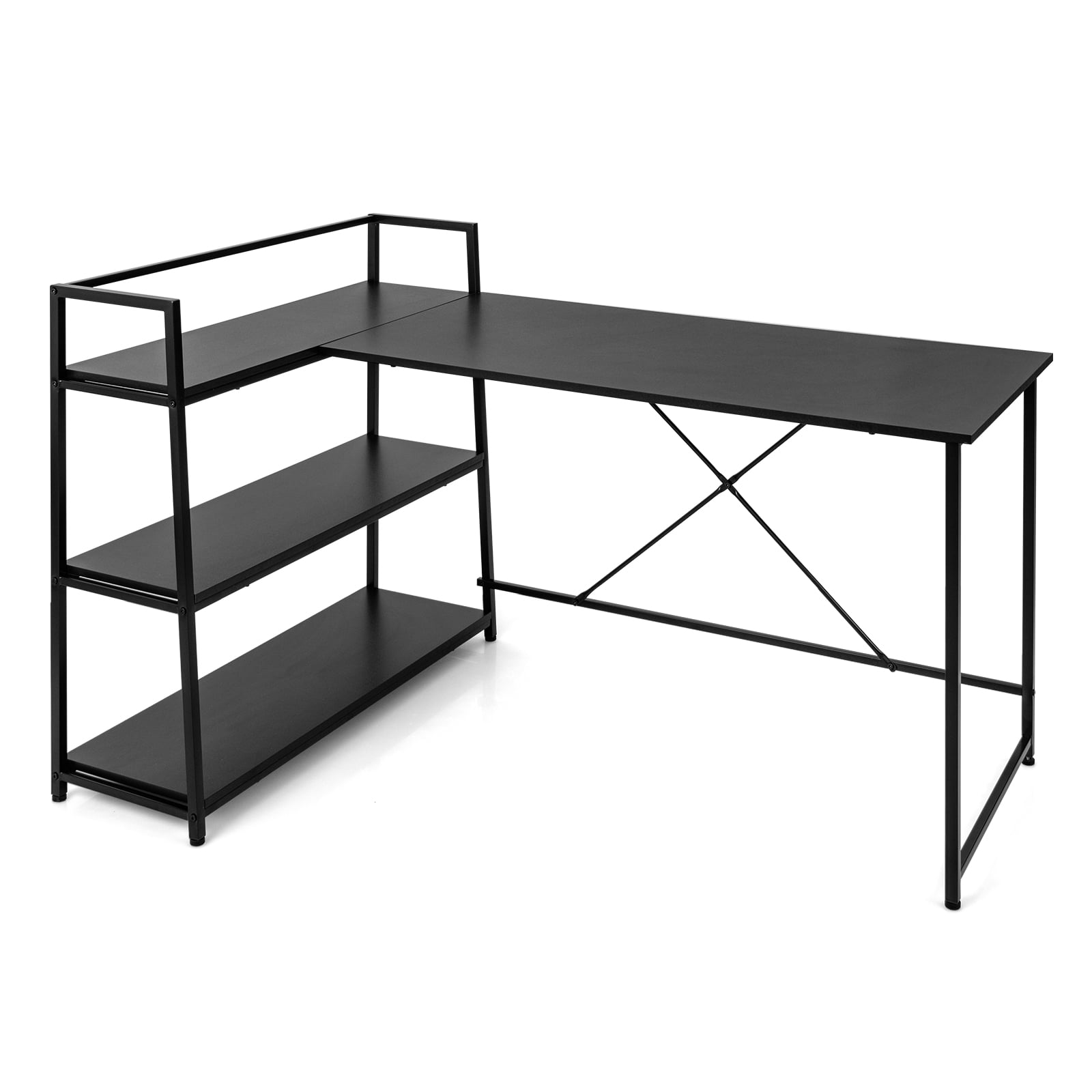 Costway Bureau d'Ordinateur en L Réversible Poste de Travail d'Angle avec Étagère Ouverte à 3 Niveaux Noir