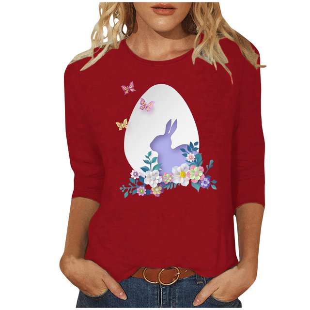 RKSTN Womens Tops Easter Cute Bunny Printed Loose Fit Tops Round Neck 3/4 Sleeve Spring Summer Soft Blouse Tops