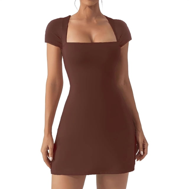 Ovzne Robes pour Femmes Robe Femme Nouvelle Robe Ligne A Couleur Unie Col en U Camisole Taille Fine Élastique Robe de Vacances Liquidation