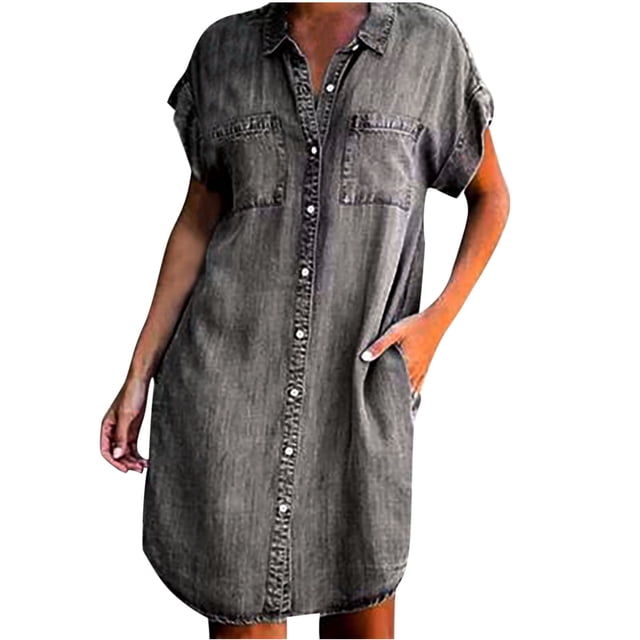 CEHVOM Robe pour Femme Mode Manches Courtes Ajustée Couleur Unie Robe MIDI en Denim