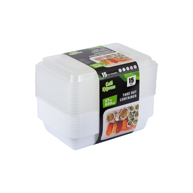 Café Express Contenants Rectangulaires pour Aliments à Emporter avec Couvercles, 800 ml, 15 Ensembles Empilés avec Couvercles Translucides et bases Blanches, Fabriqués en Plastique Polypropylène durable, Chaque Contenant Contient 27 oz (800 ml), Idéal pour la Préparation de Repas, les Restes et les Plats à Emporter, avec Couvercles Sûrs et Résistants aux Fuites, Va au Micro-Ondes et au Congélateur, Montré avec une image de sushi sur l'Emballage, Convient Aussi au Rangement Organisé de Petits Articles Ménagers.