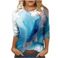thumbnail image 1 of IROINID T-shirt Imprimé Épargne Womens Long Sleeve Tops 3/4 Manches Blouse Col Rond Tops, Bleu Ciel, 1 of 5