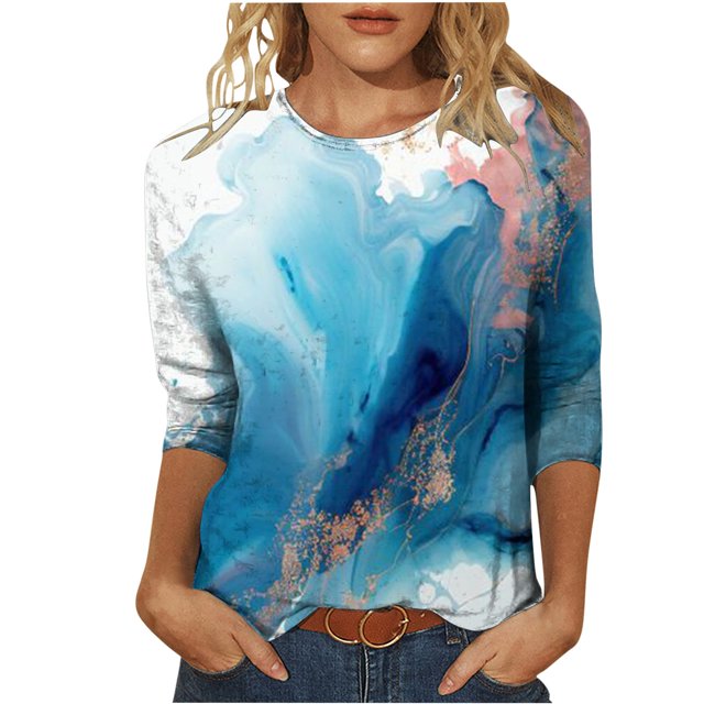 IROINID T-shirt Imprimé Épargne Womens Long Sleeve Tops 3/4 Manches Blouse Col Rond Tops, Bleu Ciel