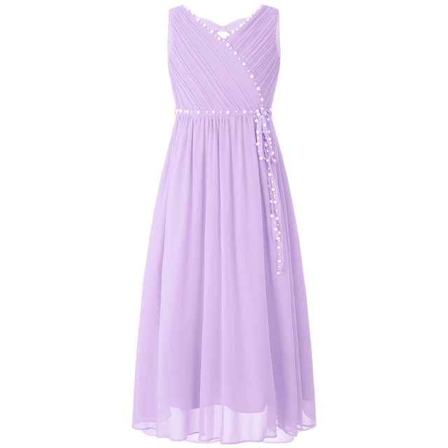 YUUMIN Robe de Fête Élégante en Chiffon Perlé Sans Manches Froncée Col en V Robe de Demoiselle d'Honneur Lavande 6