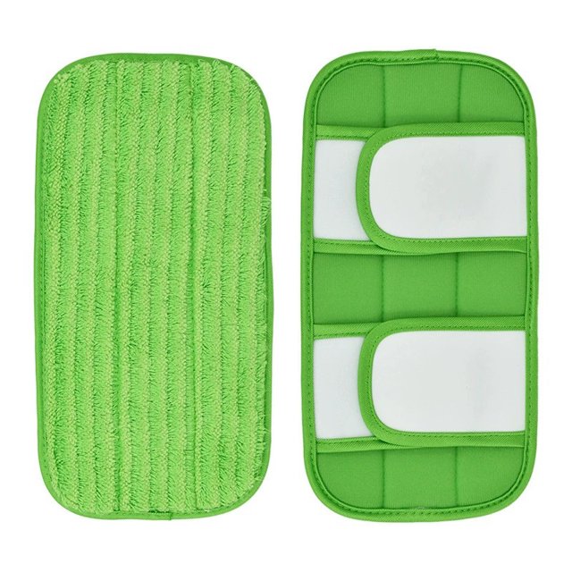 Lingettes Réutilisables pour Swiffer Sweeper, Présentées comme un Ensemble de Deux Tampons de Vadrouille en Microfibre Verts. un Tampon Affiche une surface de Nettoyage Texturée avec des Nervures Verticales, l'Autre Montre le Côté Inversé avec des Attaches Autoagrippantes pour une Fixation Facile. Conçus pour des Vadrouilles Plates de 12,5 Pouces, Ces Tampons Conviennent au Nettoyage de Diverses surfaces, Y Compris le Bois, les Carreaux, le Marbre et le Vinyle. Ils Peuvent Être Utilisés à Sec Ou à l'Humide pour Balayer Ou Passer la Vadrouille et Sont Lavables à la machine