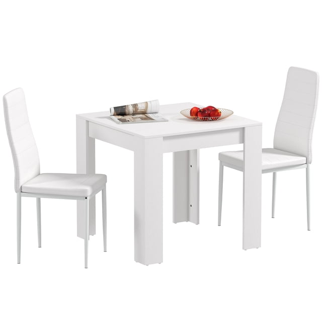 HOMCOM Dining Table Set for 2, a modern square white kitchen table paired with two PU leather chairs featuring padded high backs for comfort. The table is crafted from melamine-coated MDF for easy cleaning and supported by powder-coated steel legs for stability. Chairs include anti-slip foot pads to protect floors. Ideal for small dining spaces, apartments, or kitchens with limited room.