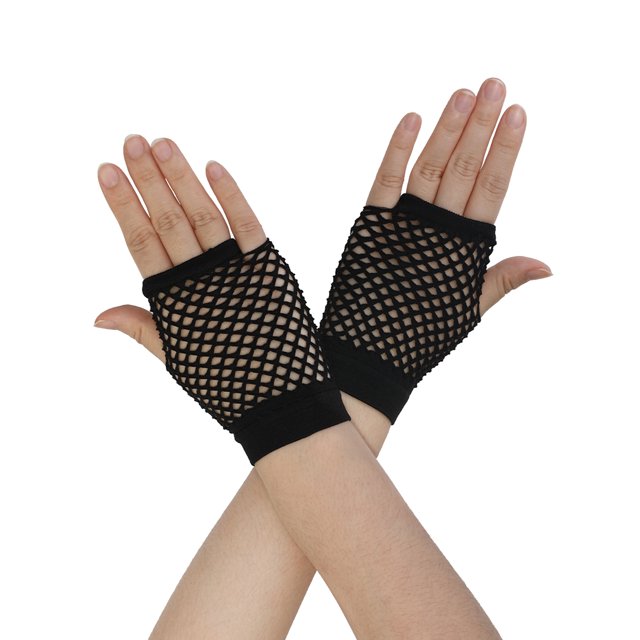 Unique Bargains 2pcs Fish Net Elastic Short Gloves Fingerless Mittens Black for Ladies