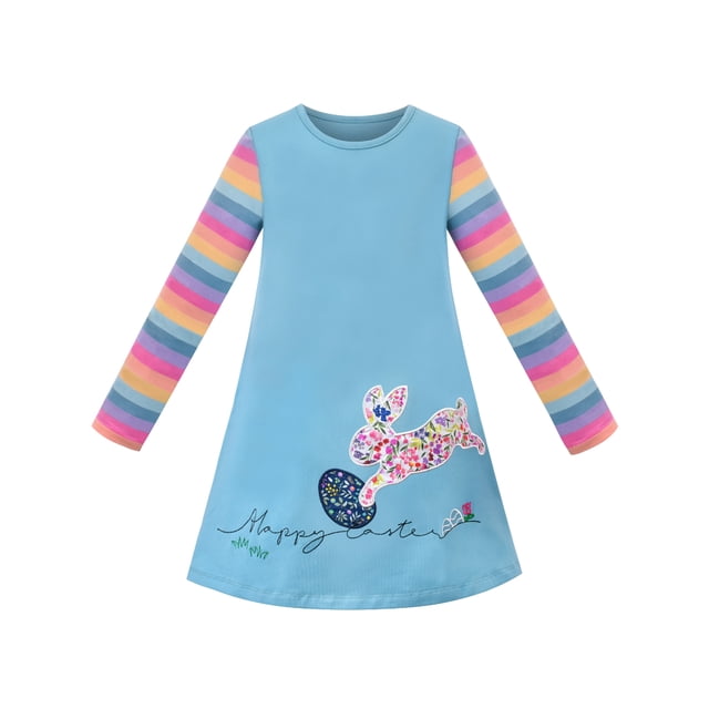 T-shirt Robe Fille Pâques Mignon Oeuf Floral Bunny Appliqué Manches Longues 5 Ans