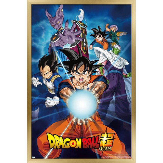 Dragon Ball Super - Affiche Murale de Groupes, 22,375 Po x 34 Po Encadrée Mettant en Vedette des Personnages d'Anime Goku en gi orange Chargeant une Explosion d'Énergie, Vegeta en Armure Bleue, Piccolo en cape Blanche, Trunks à Coups Mi-Coup, Beerus avec Main Tendue et Whis derrière, sur un Fond d'Énergie Bleu avec le logo Dragon Ball Super au Bas, Idéale pour la Déco de la Maison Ou la Décoration de Fête à Thème.