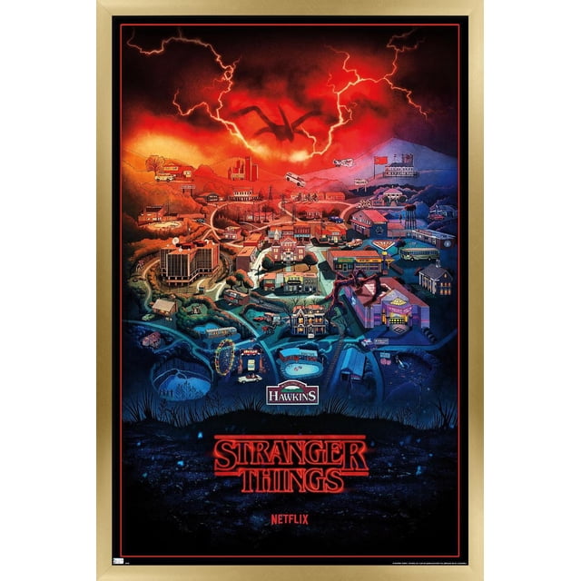 Netflix Stranger Things : Saison 4 - Hawkins, Affiche Murale de l'Indiana, 22,375 Po x 34 Po Encadrée, Représentant une Carte Illustrée Détaillée de Hawkins avec des Monuments Notables sous un Ciel Rouge Orageux avec des Éclairs et une silhouette de Monstre Ombrée, Convient à l'Art Mural dans les Chambres, les Bureaux Ou les Fêtes à Thème.