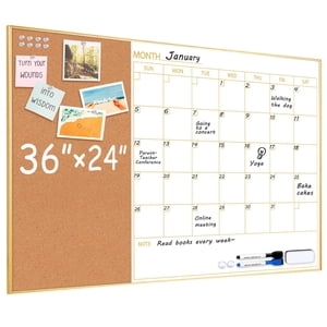 ARCOBIS Calendrier de tableau blanc avec panneau de liège, 36"x24" calendrier de tableau magnétique blanc Effacement à sec pour mur, cadre or Board mensuel combiné pour Offic
