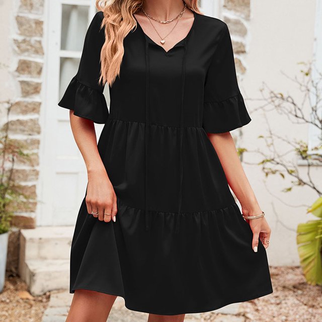 Robes pour Femmes 2024 Été Surdimensionnée Décontractée Col en V Jupe à Lacets devant Taille Haute Robe Ample Robe à Manches Courtes Col en V Robe Longueur Genou Rabais de 50 % Liquidation!