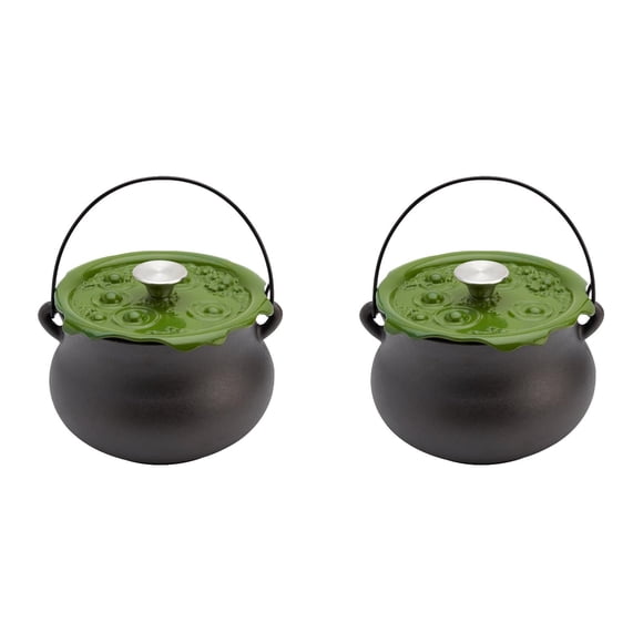 2026 New Halloween Cast Iron Cauldron Pot, Creepy Witches Cauldron with Green Lid, Black Cauldron Slow Cooker for Cooking and Halloween Tabletop Decoration, 2pc