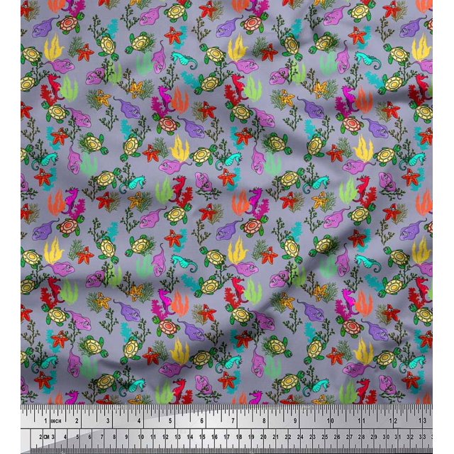 Soimoi Poly Georgette Fabric Coral,Starfish & Turtle Ocean Print Fabric by The Yard 42 Inch Wide