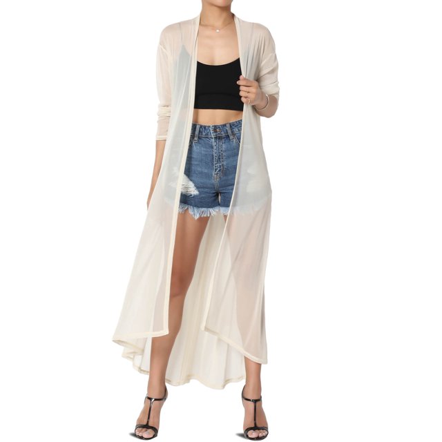 TheMogan Cardigan Long à Manches Longues en Maille pour Femmes Mi-Mollet Caftan Transparent