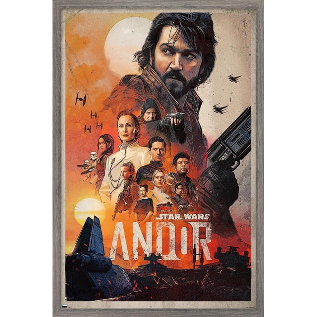 Star Wars : Andor - Affiche Murale sur une Feuille, 22,375 Po x 34 Po Présentant un collage de Personnages de la Série avec une Grande Figurine Tenant un blaster à Droite, Plusieurs Figurines Plus Petites dans Diverses poses, Combattants à Nouer Volant dans un Ciel orange avec Deux Soleils, et Véhicules Star Wars au Bas, Encadrée en Bois Rustique pour la Déco de la Maison.