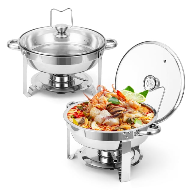 2 Pack 6QT Round Stainless Steel Chafing Dishes – Buffet Food Warmer Set with Visible Glass Lids, Food & Water Pans, Buffet Server – Perfect for Parties, Weddings, Catering