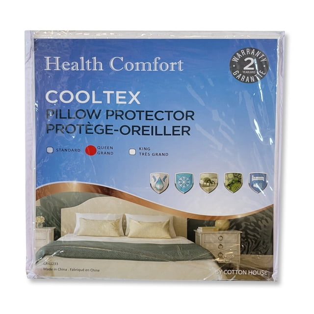 Cotton House CoolTex Pillow Protector in queen size, featuring a waterproof and breathable jacquard polyester surface with a laminated polyurethane lining. The packaging highlights its cooling comfort, hypoallergenic properties, and dust mite protection. The product is displayed in a sealed package with a blue and white design, showcasing icons for its features and a two-year warranty badge.