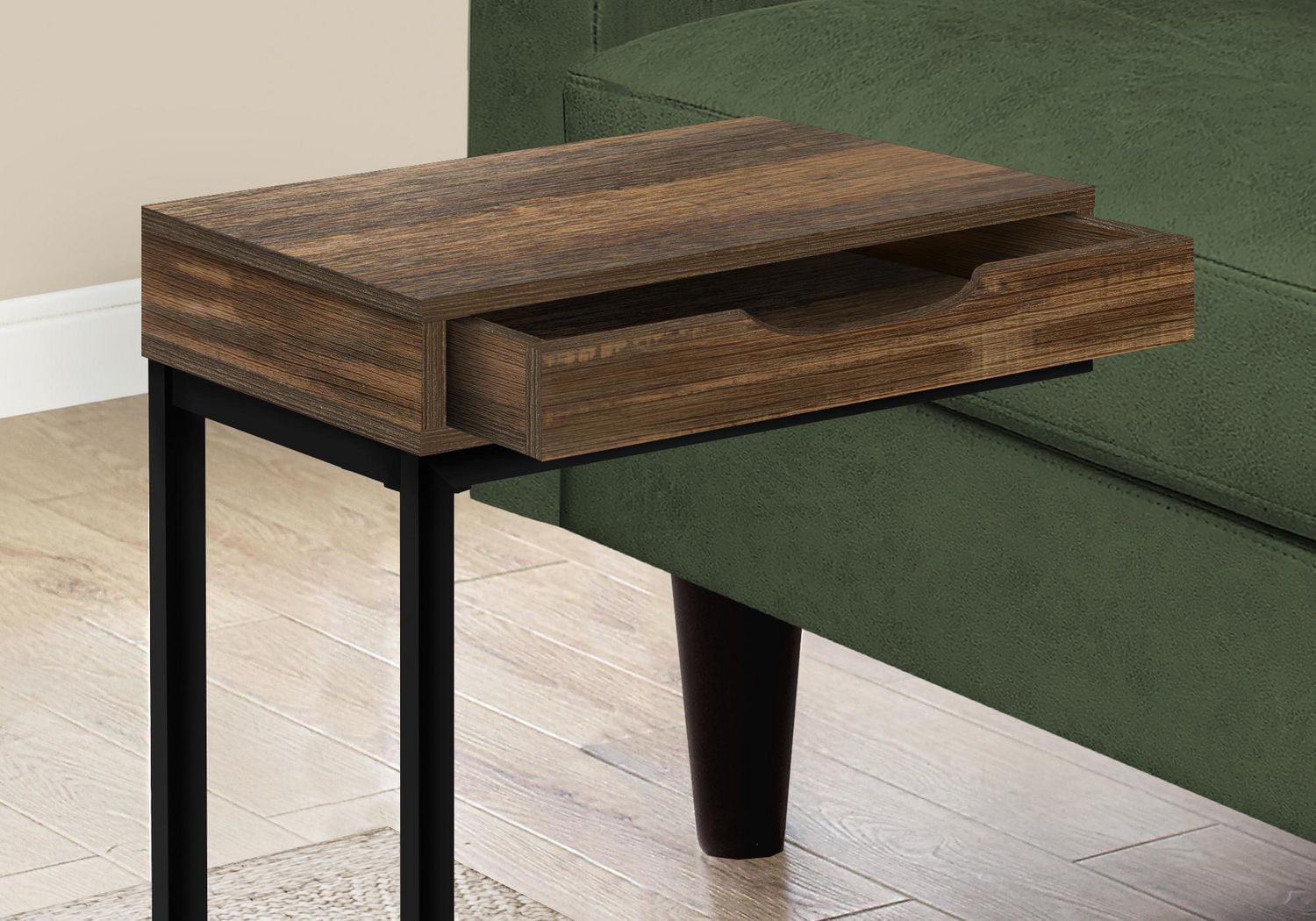 Monarch Specialties Table D'appoint, En Forme De C, Bout, Côté, Collation, Tiroir De Rangement, Salon, Chambre À Coucher, Métal, Stratifié, Brun, Noir, Contemporain, Moderne