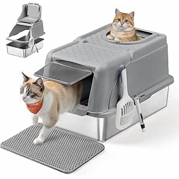 Feandrea Stainless Steel Cat Litter Box with Flip Lid, XL Enclosed Litter Box for Cats up to 15 kg, with Leak-Proof Design, Scoop, Brush, Dual Entry, Dove Gray