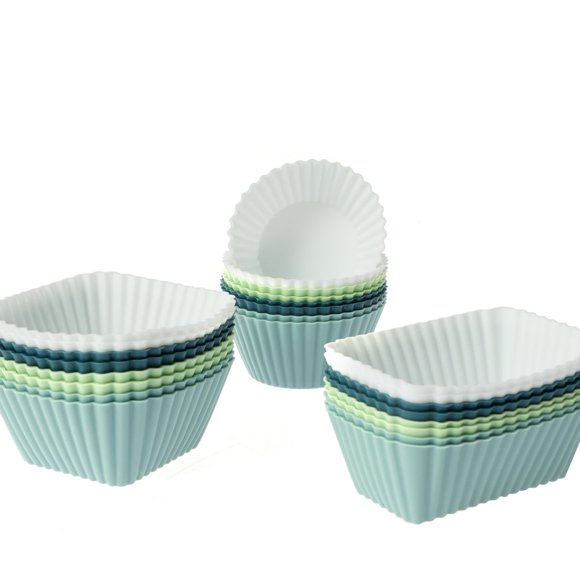 POINTERTECK 24Pcs Silicone Cake Mold Reusable Square Rectangle Muffin Baking Mold Non-Stick Silicone Baking Cup Heat Resistant Mini Cupcake Liner BPA Free Dishwasher Safe for Cupcakes Ch