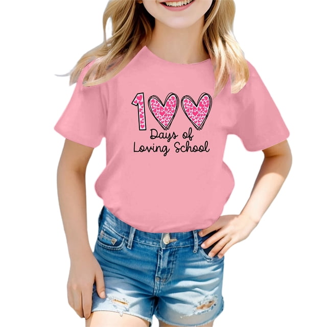 LUOGENLI T-Shirt pour Filles Enfants Mode Décontractée Imprimé Col Rond Ample Manche Courte T-Shirt Haut Maxi Hauts Ensembles Filles Tenue 2 Pcs Boho 10-11 Ans