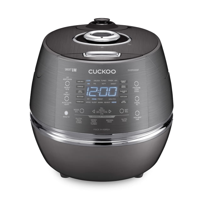 Cuckoo DHSR0609FD Electric Induction Heating Pressure Rice Cooker in dark gray with a sleek, modern design. Features a 6-cup capacity, LED touch controls, and a 3-language voice guide. Includes 17 menu options such as GABA rice, brown rice, and bread baking. Equipped with an eco-friendly stainless steel inner pot with X-Wall nonstick coating for even heat distribution. Smart induction heating technology ensures quick and precise cooking, while the keep-warm and reheat functions add convenience. The cooker also has an auto-clean feature for easy maintenance.