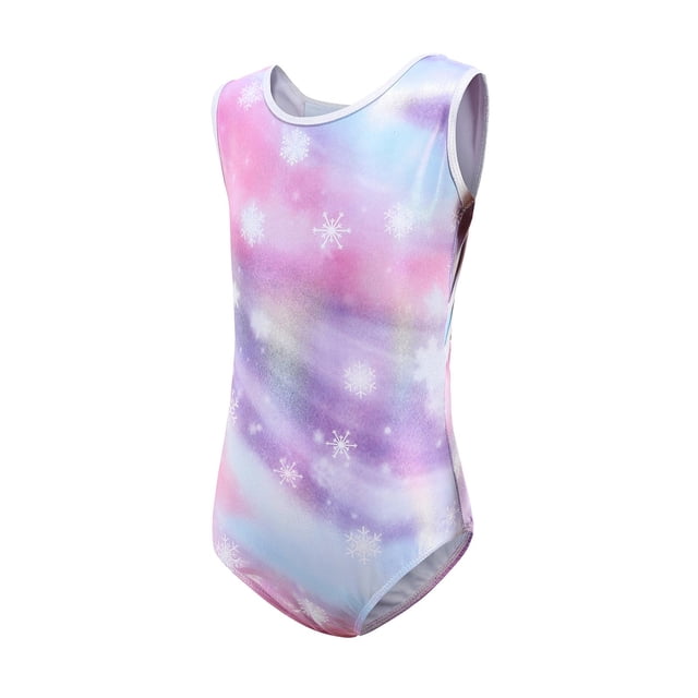 Combinaison de Gymnastique Colorée pour Filles en polyester de Haute Qualité, Présentant un design Sans Manches avec un Motif de Flocons de Neige Vibrants sur un Fond Dégradé pastel. le Justaucorps a un Dos Ajouré pour une Élégance Accrue et Convient à la Gymnastique, à la Danse, au yoga et à d'Autres Activités. Montré dans une Vue Orientée vers l'Avant.