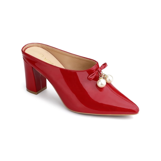 BLISSFUL STEP Mules à Talon Bloc pour Femmes avec Nœud en Perles Rouges 11