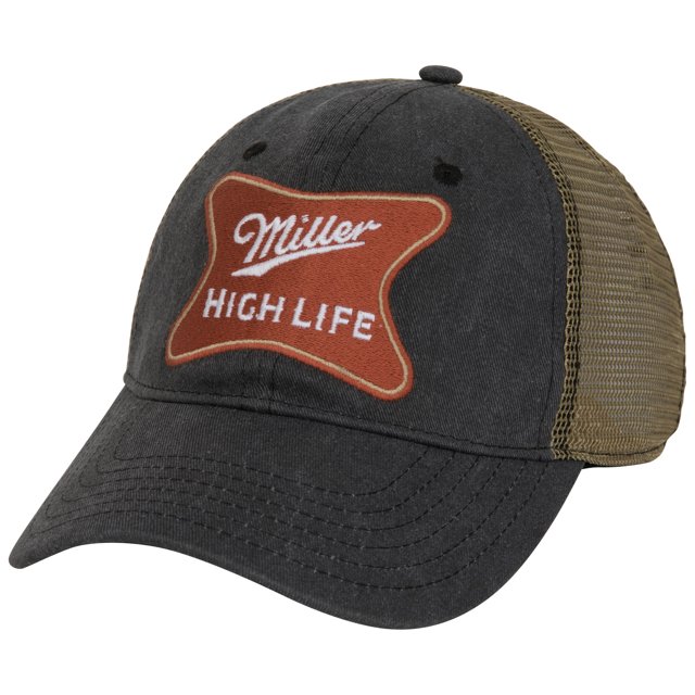 Miller 45684 Miller High Life Mesh Snapback Hat, a trucker-style cap with a black front panel showcasing the classic 'Miller High Life' logo in red and white embroidery. The khaki mesh back panel offers breathability, and the adjustable snapback closure ensures a secure fit.
