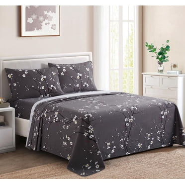 Marina Decoration Printed 600 Thread Count Soft Deep Pocket Hotel Standard Long Staple Cotton Blend Percale All Season Bedding Sheet Set, Plum Blossom Floral Grey Pattern