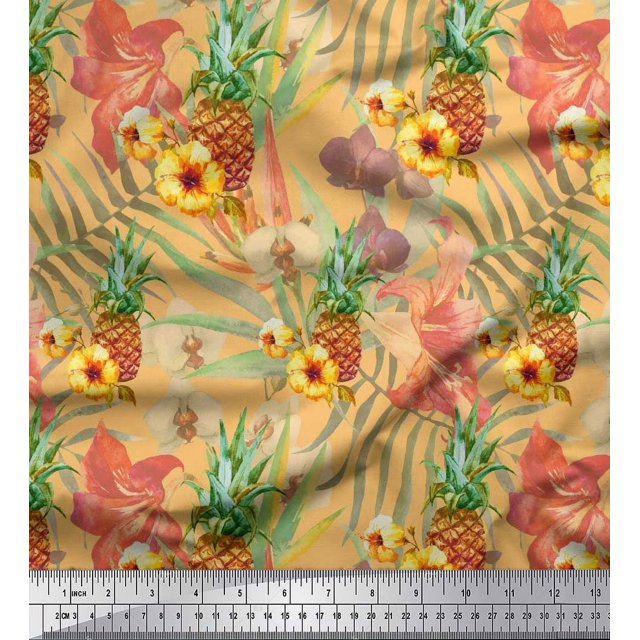 Soimoi Orange polyester Crepe Fabric Lily & Pine Fruits Fabric Prints By Yard 42 Inch Wide