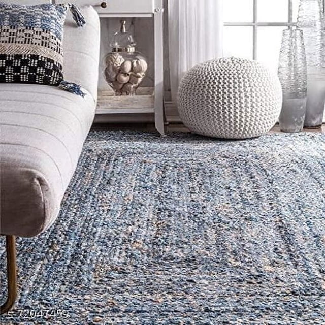 Aizza Trends Hand Made Hand Braided Natural Jute and Denim Floor Area Rug / Floor Carpet Rug / Natural Jute Rug