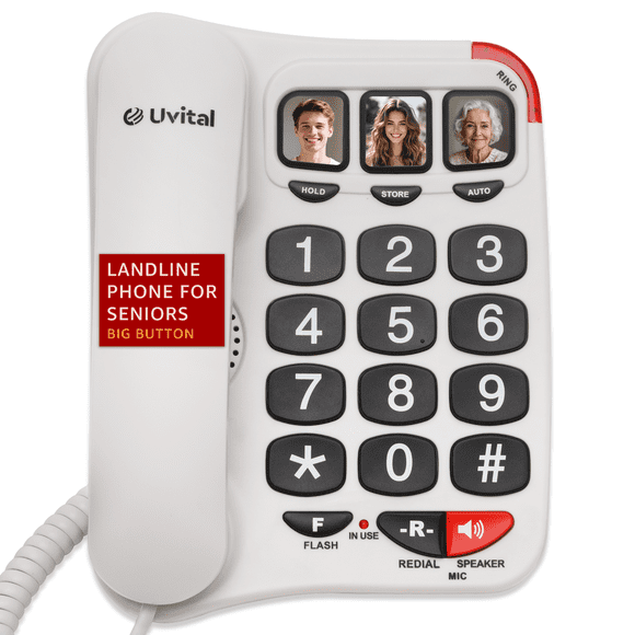Uvital Téléphone à Gros Boutons pour Aînés - Sonnerie Amplifiée avec Haut-Parleur pour Malentendants, Téléphone Fixe Filaire Noir à Gros Boutons pour la Maison