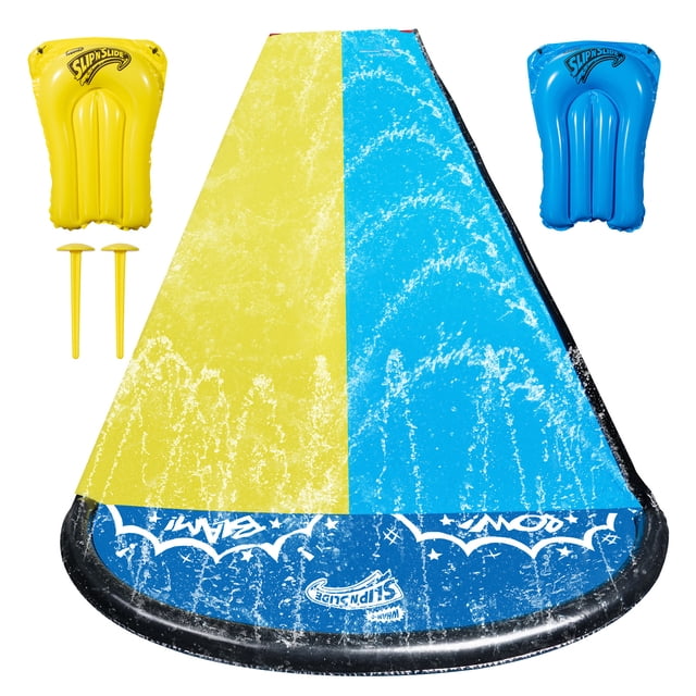 Wham-O Glissade à Double Vagues 18 Pi pour Cavaliers avec Voies Jaunes et Bleues Vibrantes, Dotée d'Un Système de Jet d'Eau pour une Glisse Fluide. Comprend Deux Planches à boogie Gonflables et des Piquets d'Ancre pour une Installation Facile. Idéal pour les Enfants de 5 à 12 Ans, Parfait pour les Plaisirs d'Été dans la Cour et les Jeux Extérieurs.