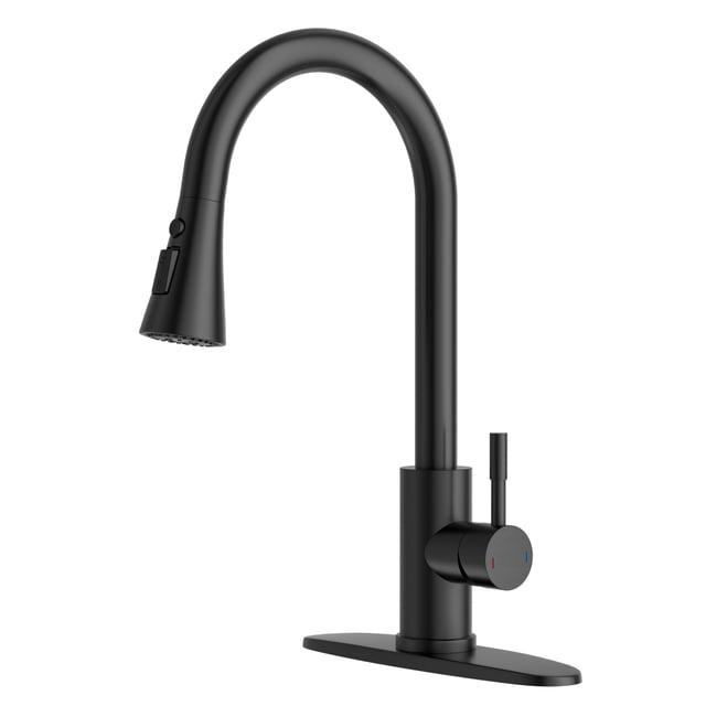 APPASO Kitchen Faucet with Pull Down Sprayer in matte black finish, designed for bar and kitchen renovation projects. Features a 360° swivel spout and a 3-mode sprayer for versatile use. Made of SUS304 stainless steel, this single-hole deck-mounted faucet includes a 20-inch pull-down hose for full sink coverage. The sleek design has a single handle for easy temperature and flow control. Dimensions are 17.1 x 13.2 x 2.4 inches, with a spout height of 8 inches and a spout reach of 10 inches. Includes a deck plate and manual for quick installation.