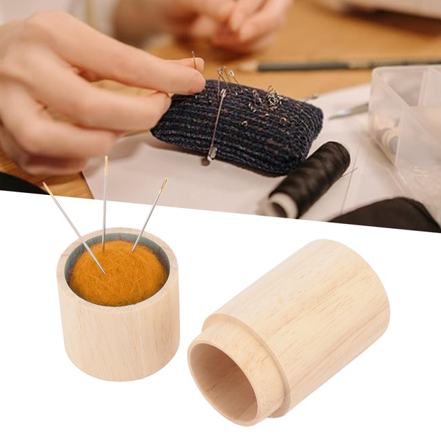 Circular Wooden Sewing Needle Holder Pincushion Box Capacity Multifunction Pin Cushion with Embroidery